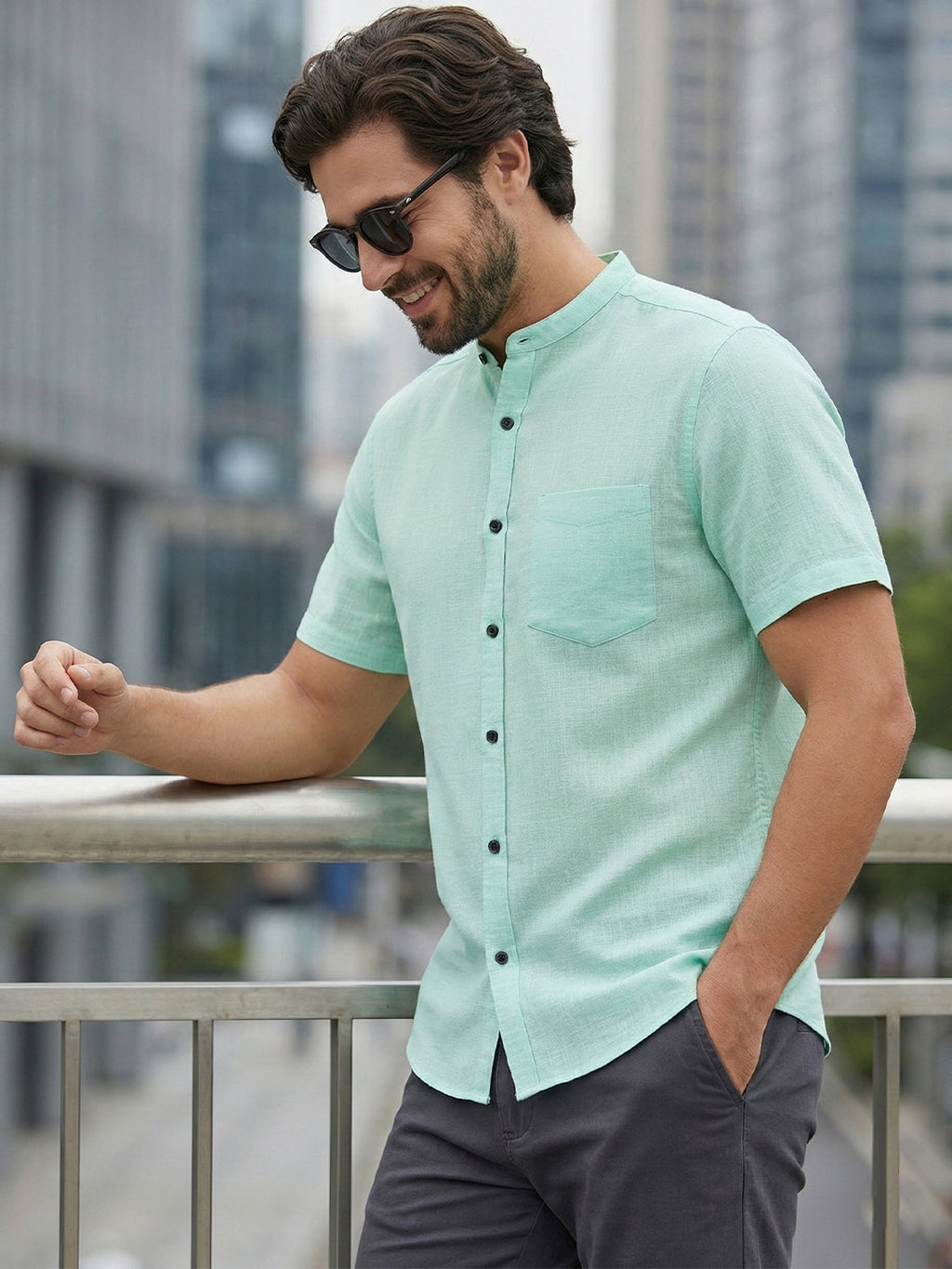 Half Sleeve Chinese Collar Cotton Slim Shirt for Men and Boys in Shirt For Men And White by BLUE ROBED, detail view
