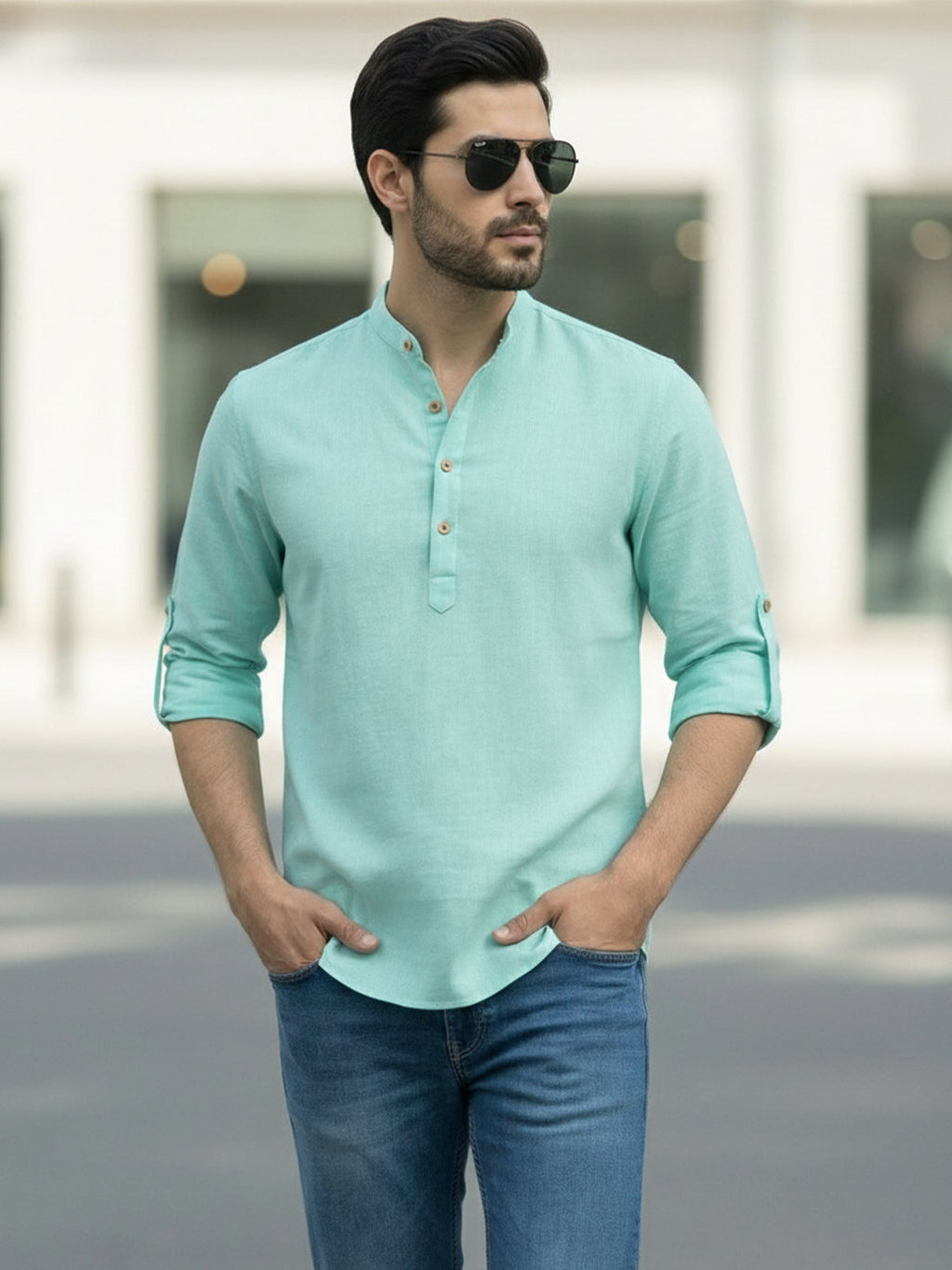BLUE ROBED Full Sleeve Kurta for men Office Wear in Pista view 48