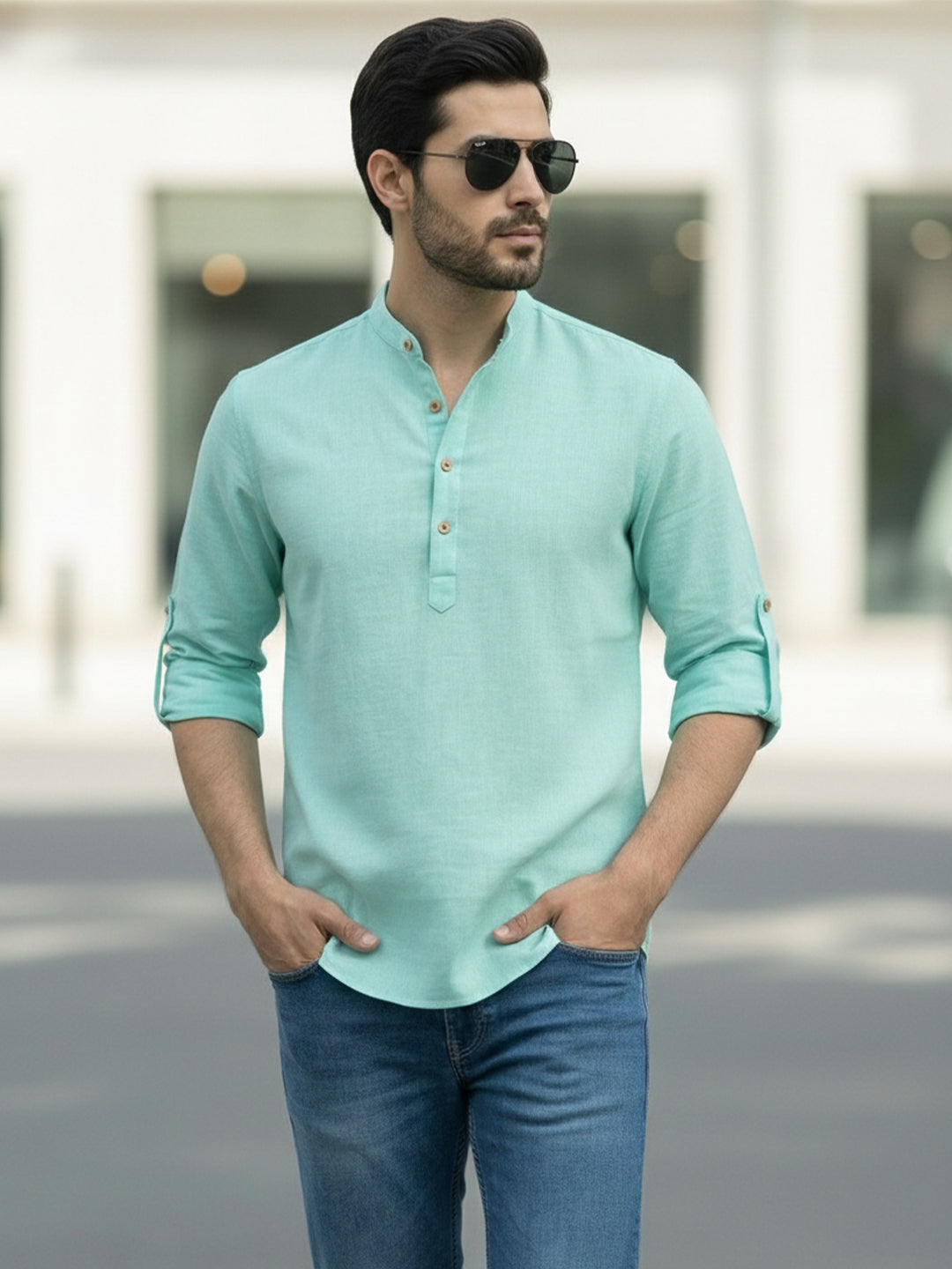 BLUE ROBED Full Sleeve Kurta for men Office Wear in Pista view 48