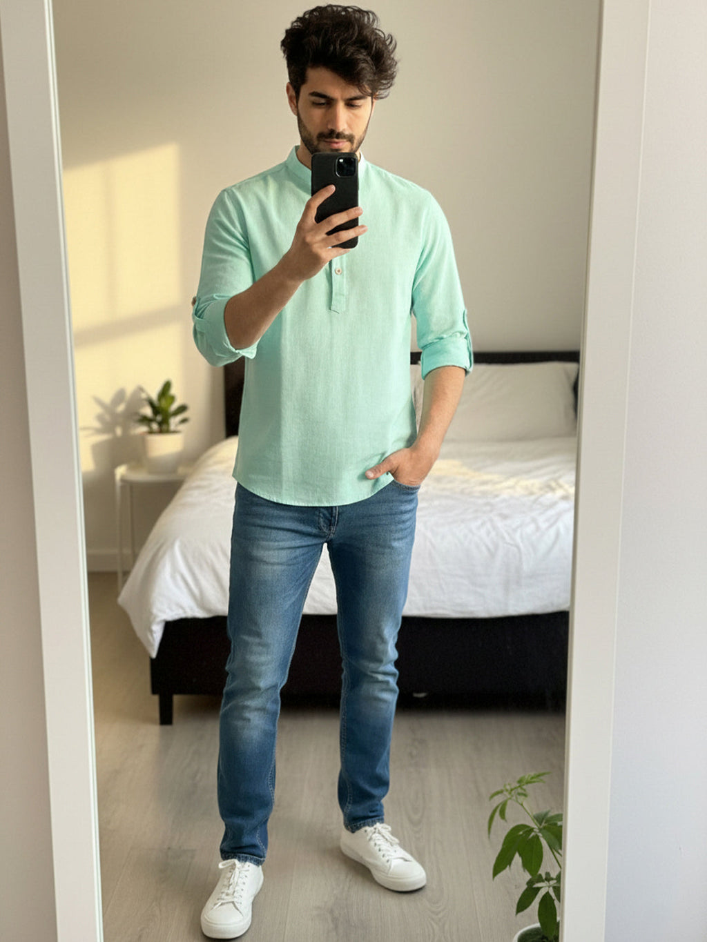 BLUE ROBED Full Sleeve Kurta for men Office Wear in Pista view 52