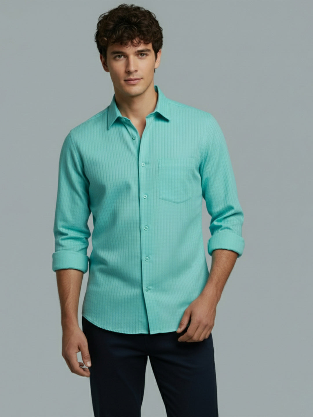 Men's Full Sleeve Spread Collar Premium Casual Shirt for Men Daily Wear in Black by BLUE ROBED, fit view