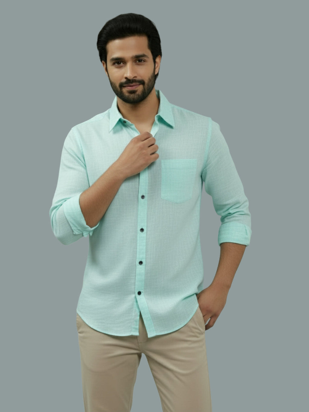 Full Sleeve Spread Collar Cotton Slim Shirt for Men and Boys in Shirt For Men And Green by BLUE ROBED, fabric detail