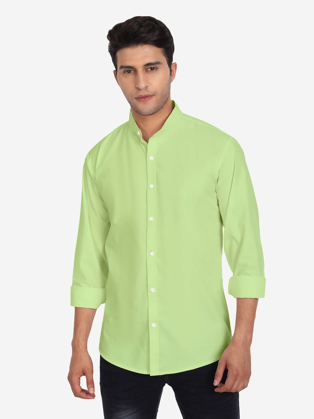 Men's Pure Cotton Mandarin Collar Casual Shirt in White by BLUE ROBED, style view