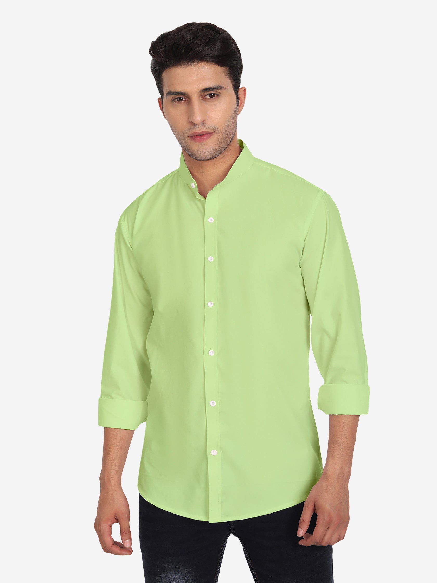 Men's Pure Cotton Mandarin Collar Casual Shirt in White by BLUE ROBED, style view