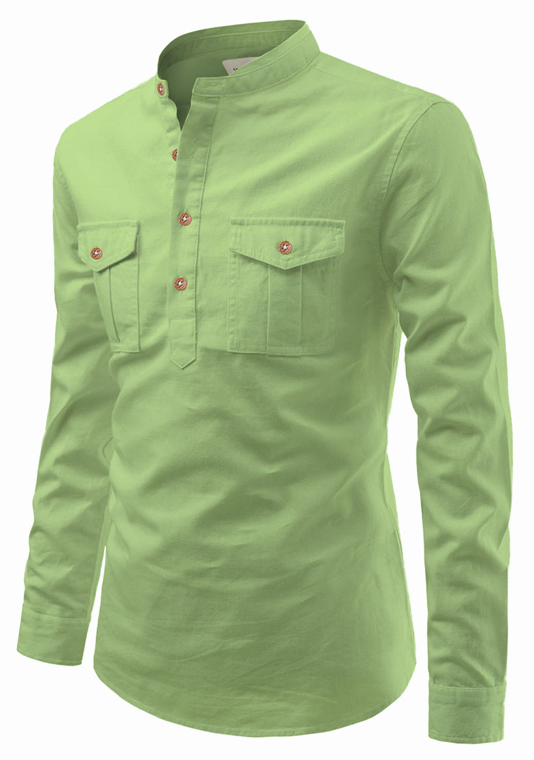 BLUE ROBED men's Casual Slim Fit Full Sleeve Double Pocket Cotton Kurta in Parrot view 78