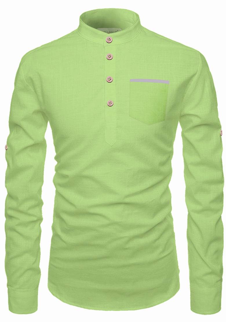 BLUE ROBED men's Casual Slim Fit Full Sleeve Pocket Contrast Kurta in Parrot view 42