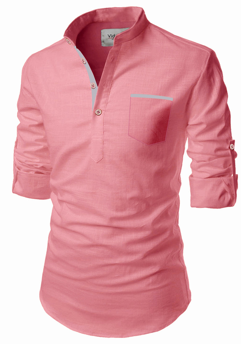 BLUE ROBED men's Casual Slim Fit Full Sleeve Pocket Contrast Kurta in Peach view 44