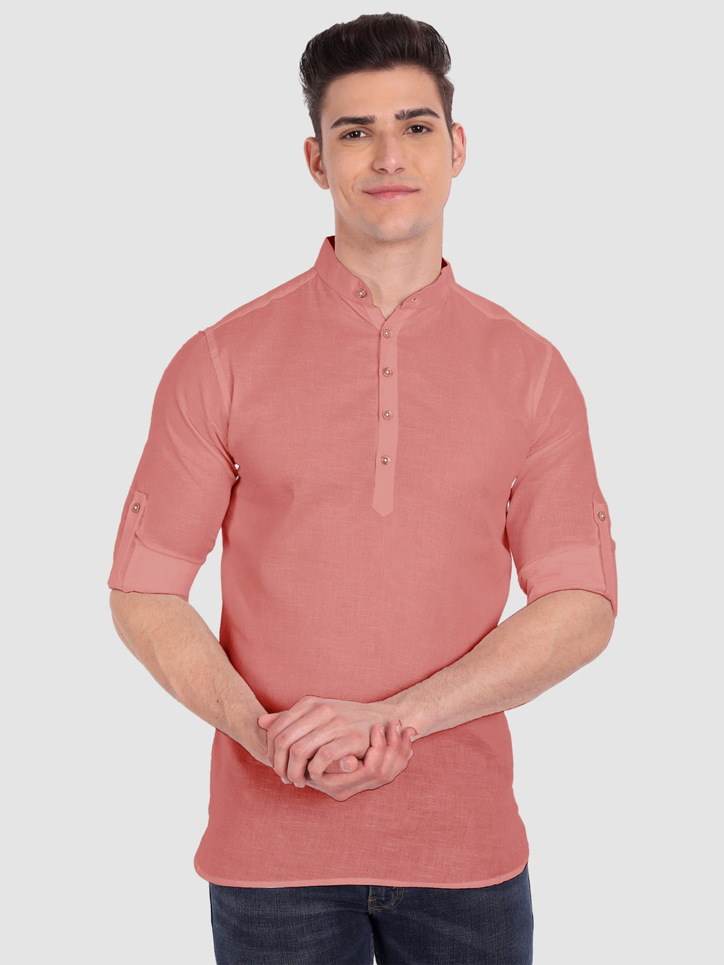 BLUE ROBED men's Casual Slim Fit Full Sleeve Cotton Kurta in Peach view 53