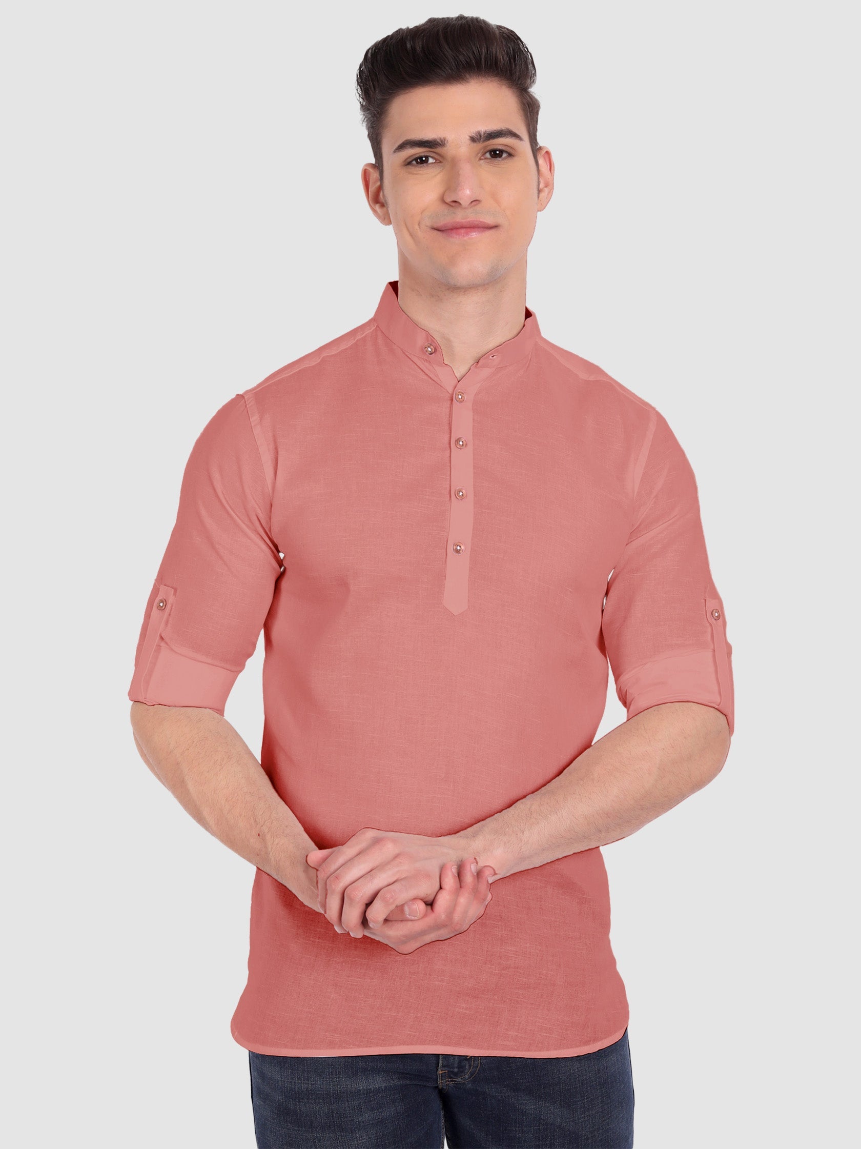 BLUE ROBED men's Casual Slim Fit Full Sleeve Cotton Kurta in Peach view 53
