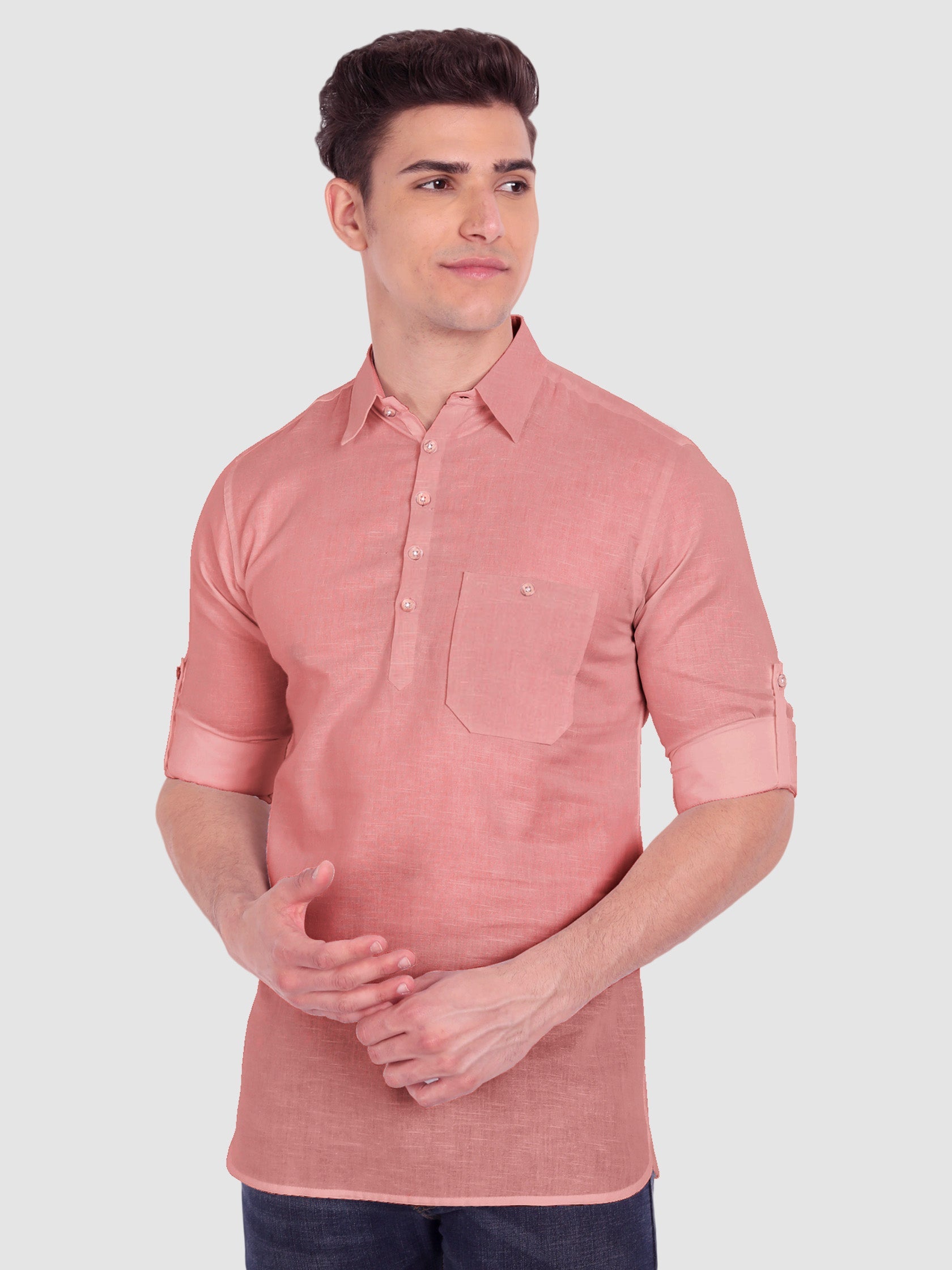 BLUE ROBED men's Full Sleeve Casual Cotton Kurta in Peach view 42
