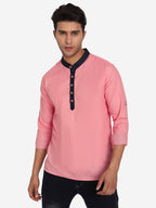 BLUE ROBED Men Slim Fit Contrast Collar Kurta in Peach view 9