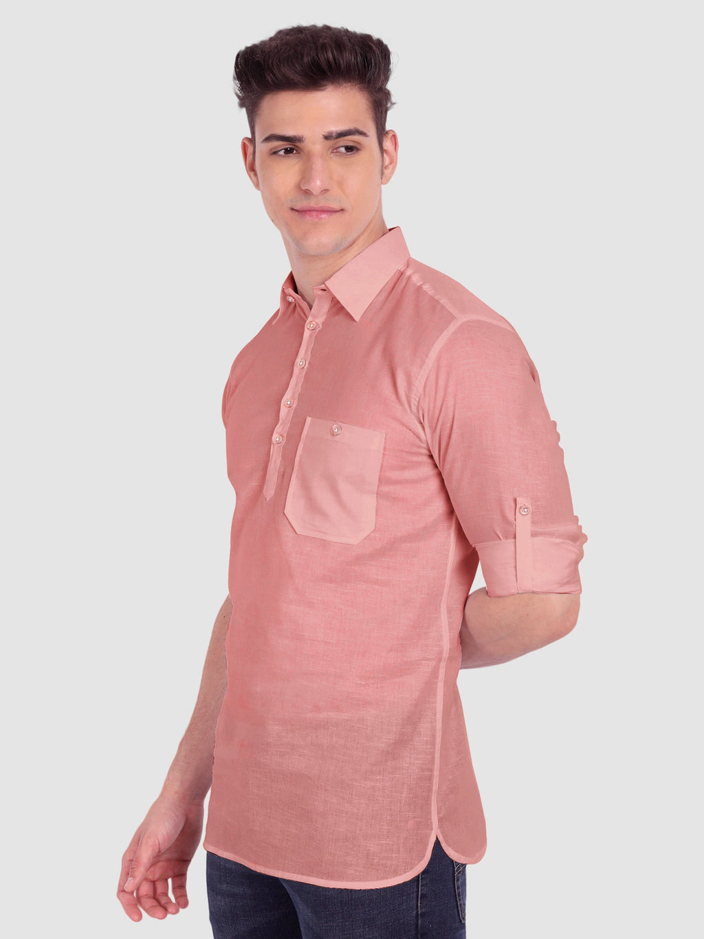 BLUE ROBED men's Full Sleeve Casual Cotton Kurta in Peach view 43