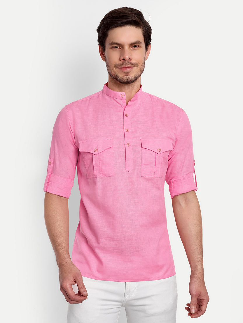 BLUE ROBED men's Casual Slim Fit Full Sleeve Double Pocket Cotton Trendy Kurta in Peach view 85