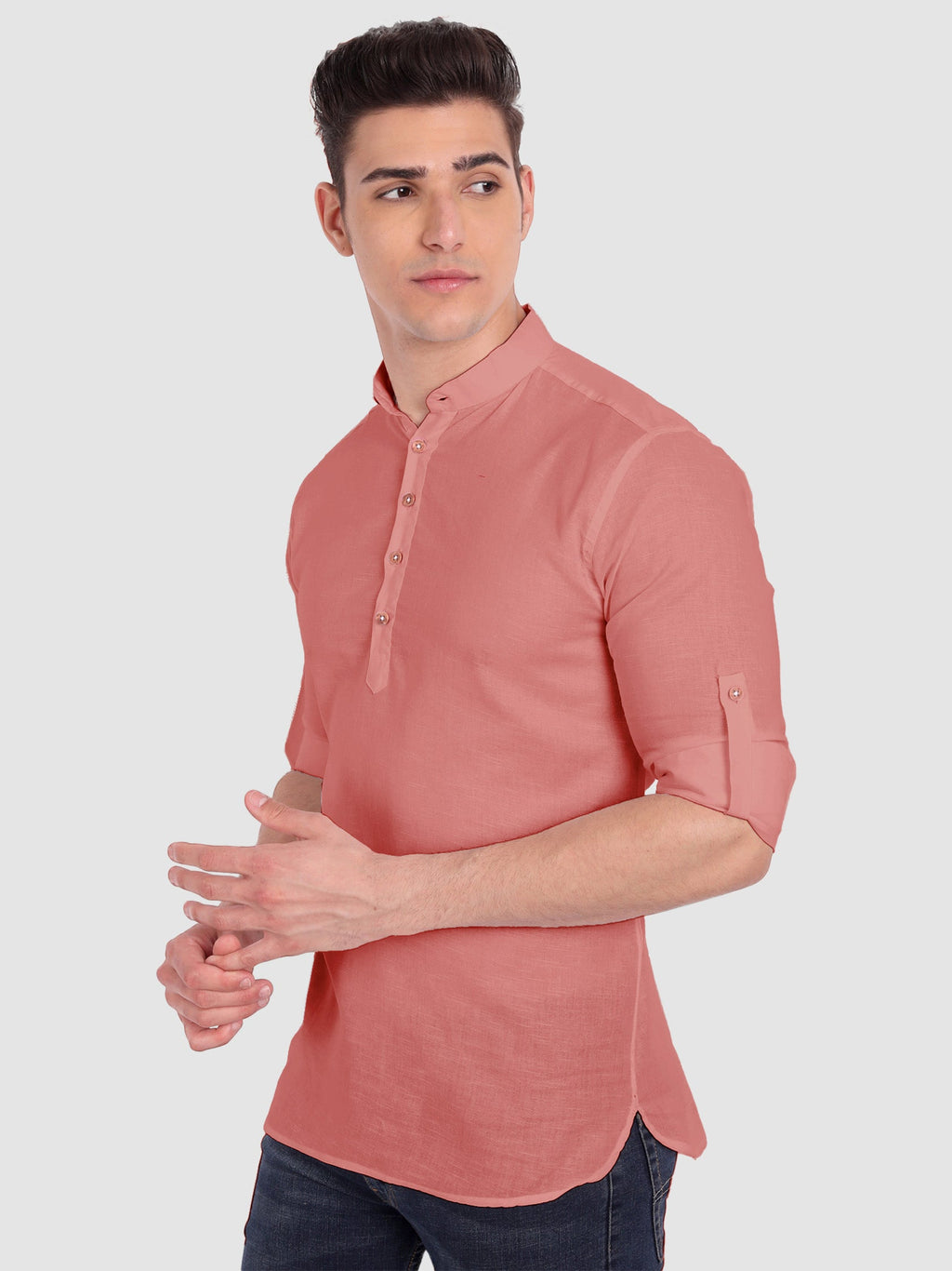 BLUE ROBED men's Casual Slim Fit Full Sleeve Cotton Kurta in Peach view 54