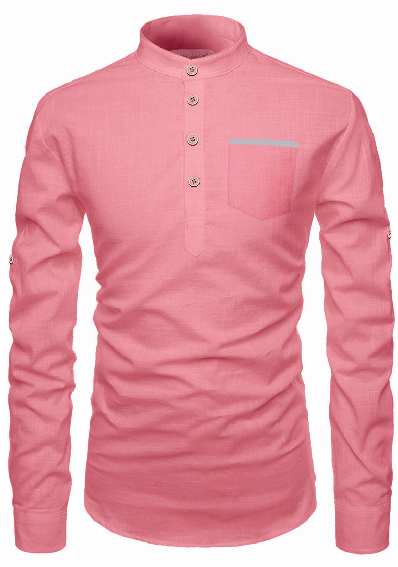 BLUE ROBED men's Casual Slim Fit Full Sleeve Pocket Contrast Kurta in Peach view 46