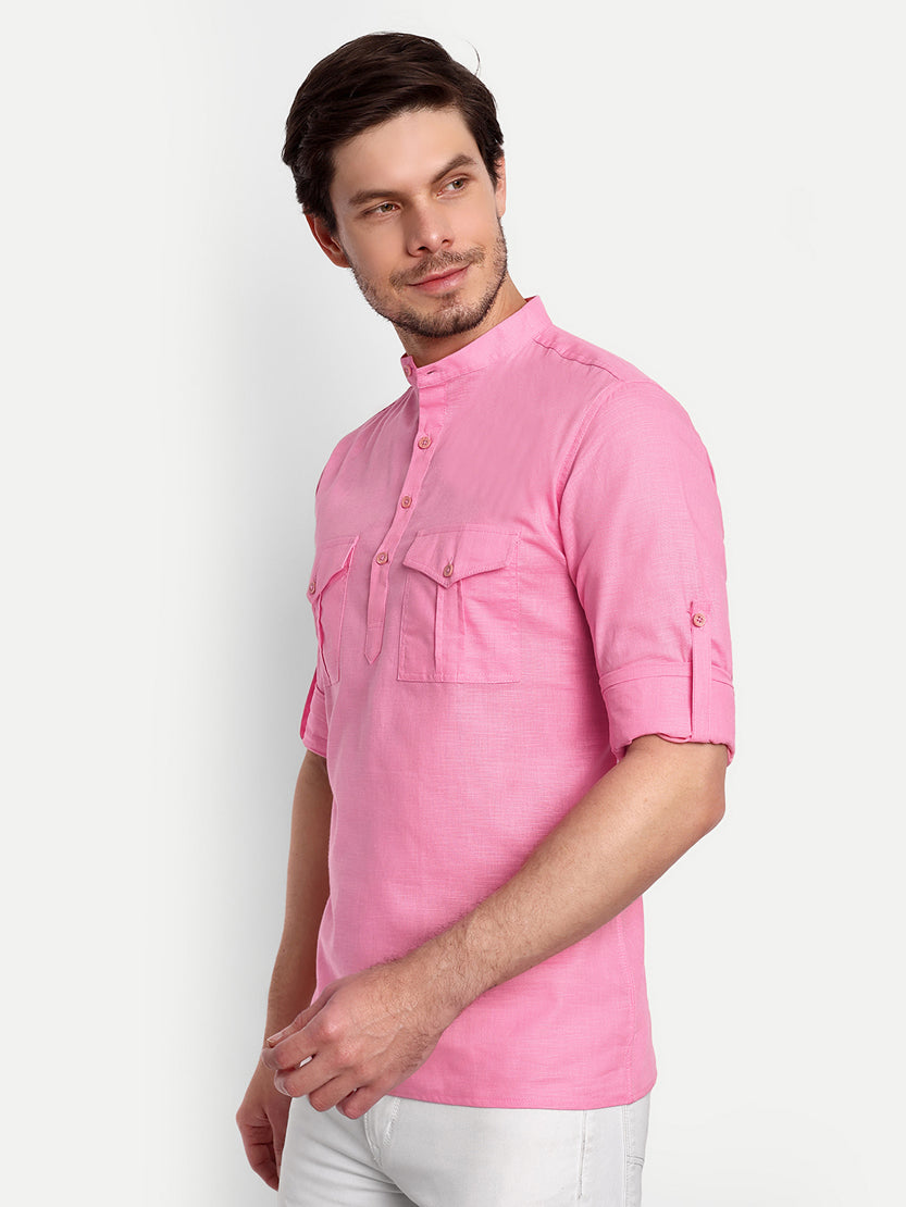 BLUE ROBED men's Casual Slim Fit Full Sleeve Double Pocket Cotton Trendy Kurta in Peach view 86