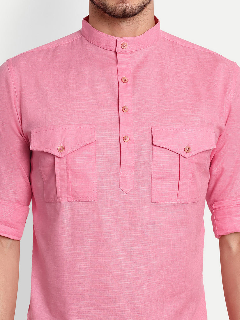 BLUE ROBED men's Casual Slim Fit Full Sleeve Double Pocket Cotton Trendy Kurta in Peach view 88