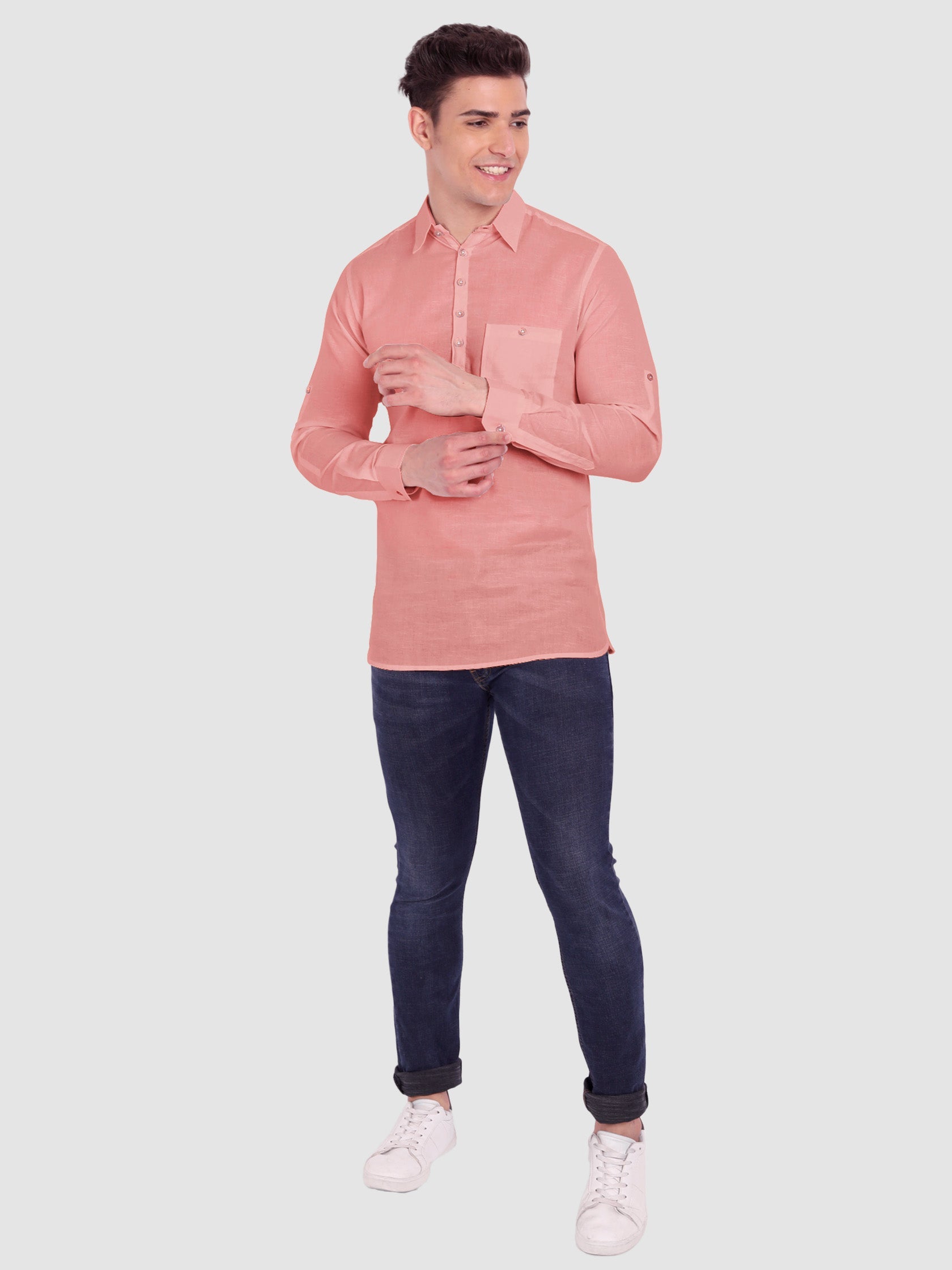 BLUE ROBED men's Full Sleeve Casual Cotton Kurta in Peach view 46