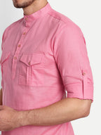 BLUE ROBED men's Casual Slim Fit Full Sleeve Double Pocket Cotton Trendy Kurta in Peach view 89