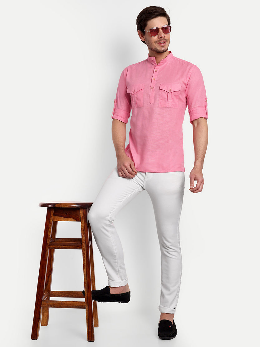 BLUE ROBED men's Casual Slim Fit Full Sleeve Double Pocket Cotton Trendy Kurta in Peach view 90
