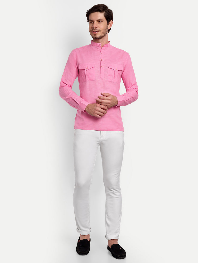 BLUE ROBED men's Casual Slim Fit Full Sleeve Double Pocket Cotton Trendy Kurta in Peach view 91