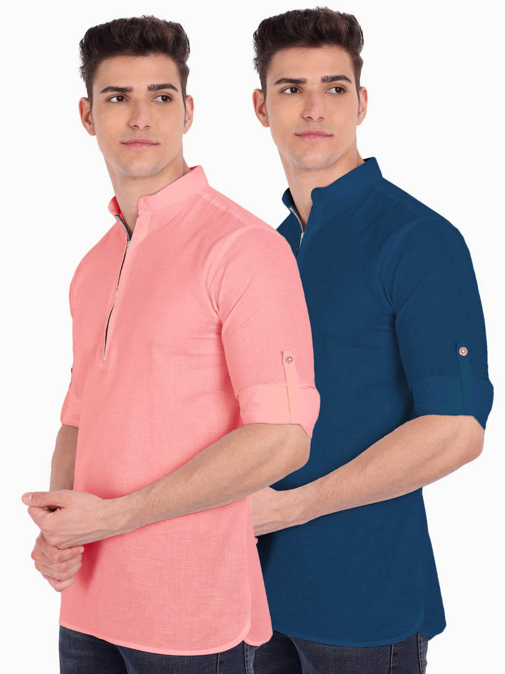 BLUE ROBED men's Casual ZIP Style Full Sleeve Cotton Kurta (Pack 2) in Peach view 5