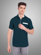 Men's Casual Half Sleeve Silver Button Shirt in Black by BLUE ROBED, fabric detail