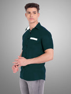 Men's Casual Half Sleeve Silver Button Shirt in Black by BLUE ROBED, front view