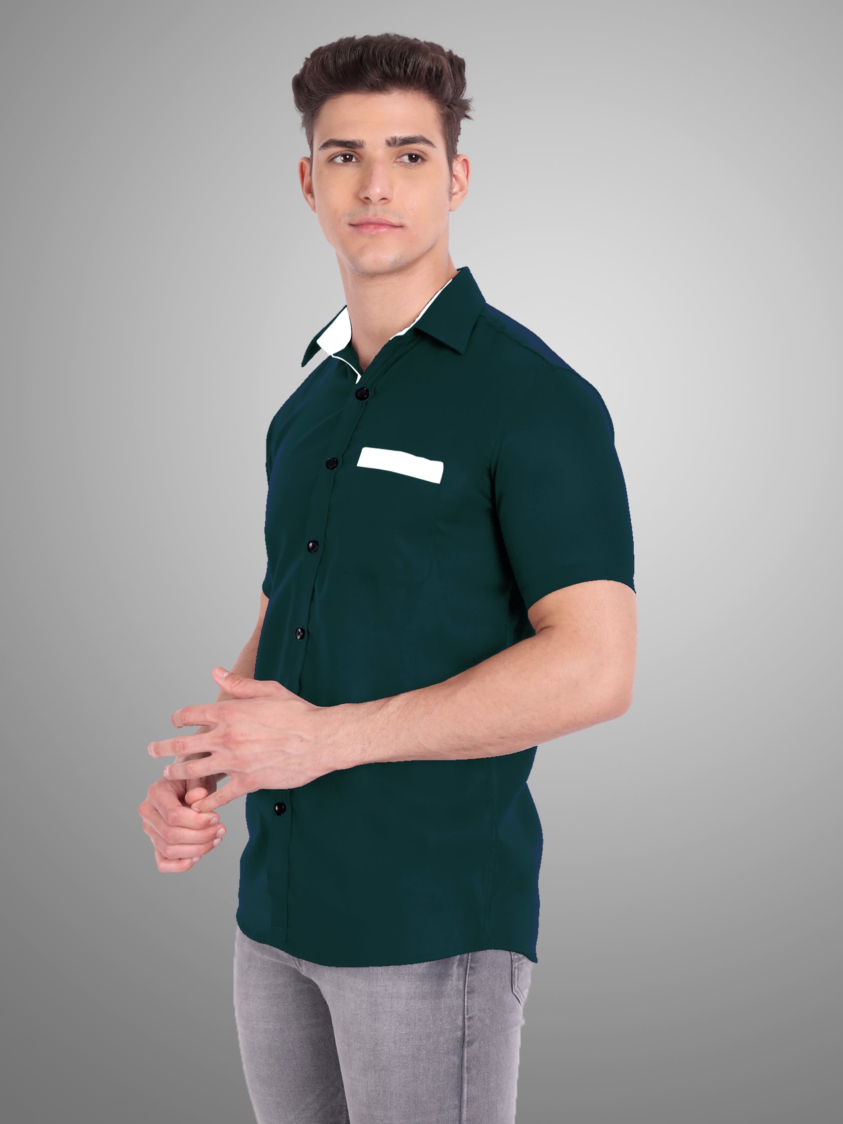 Men's Casual Half Sleeve Silver Button Shirt in Black by BLUE ROBED, front view
