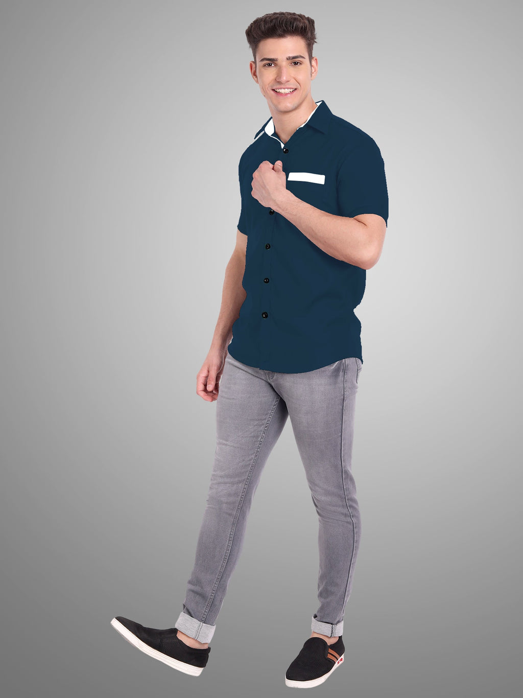 Men's Casual Half Sleeve Silver Button Shirt in Black by BLUE ROBED, detail view