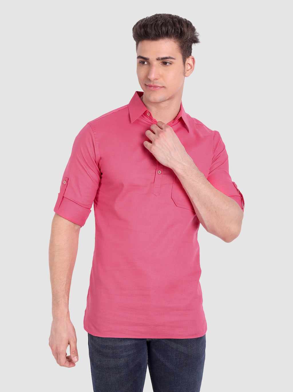 BLUE ROBED men's Full Sleeve Casual Cotton Kurta in Pink view 47