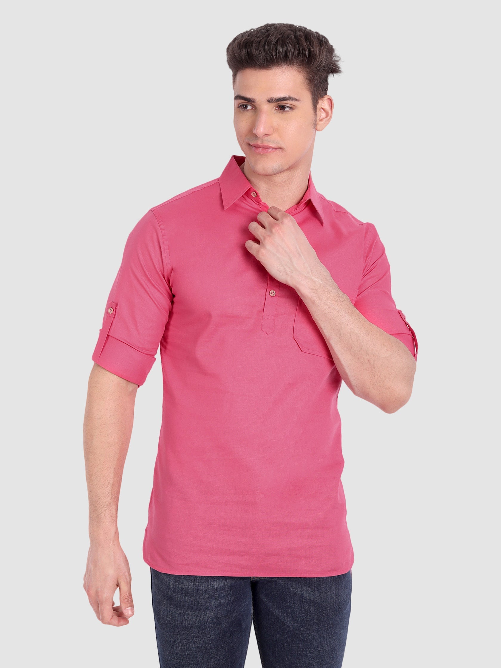 BLUE ROBED men's Full Sleeve Casual Cotton Kurta in Pink view 47