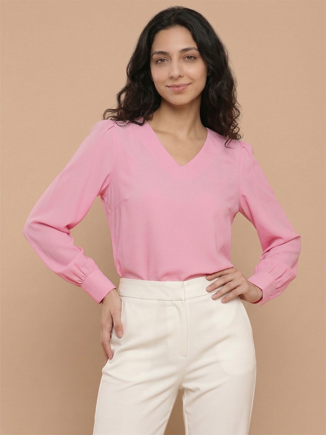 Women’s Crepe Formal Top | Elegant V-Neck Office Wear Blouse