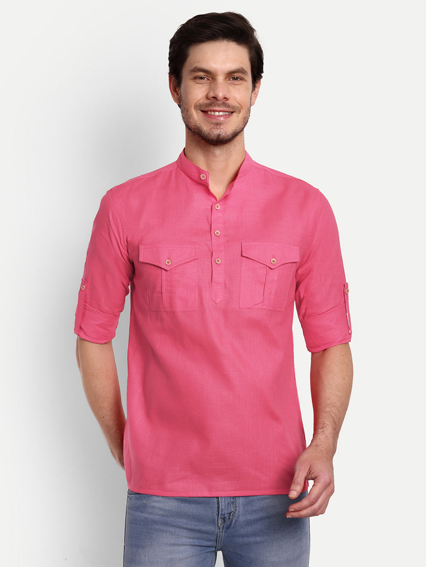 BLUE ROBED men's Casual Slim Fit Full Sleeve Double Pocket Cotton Trendy Kurta in Pink view 92