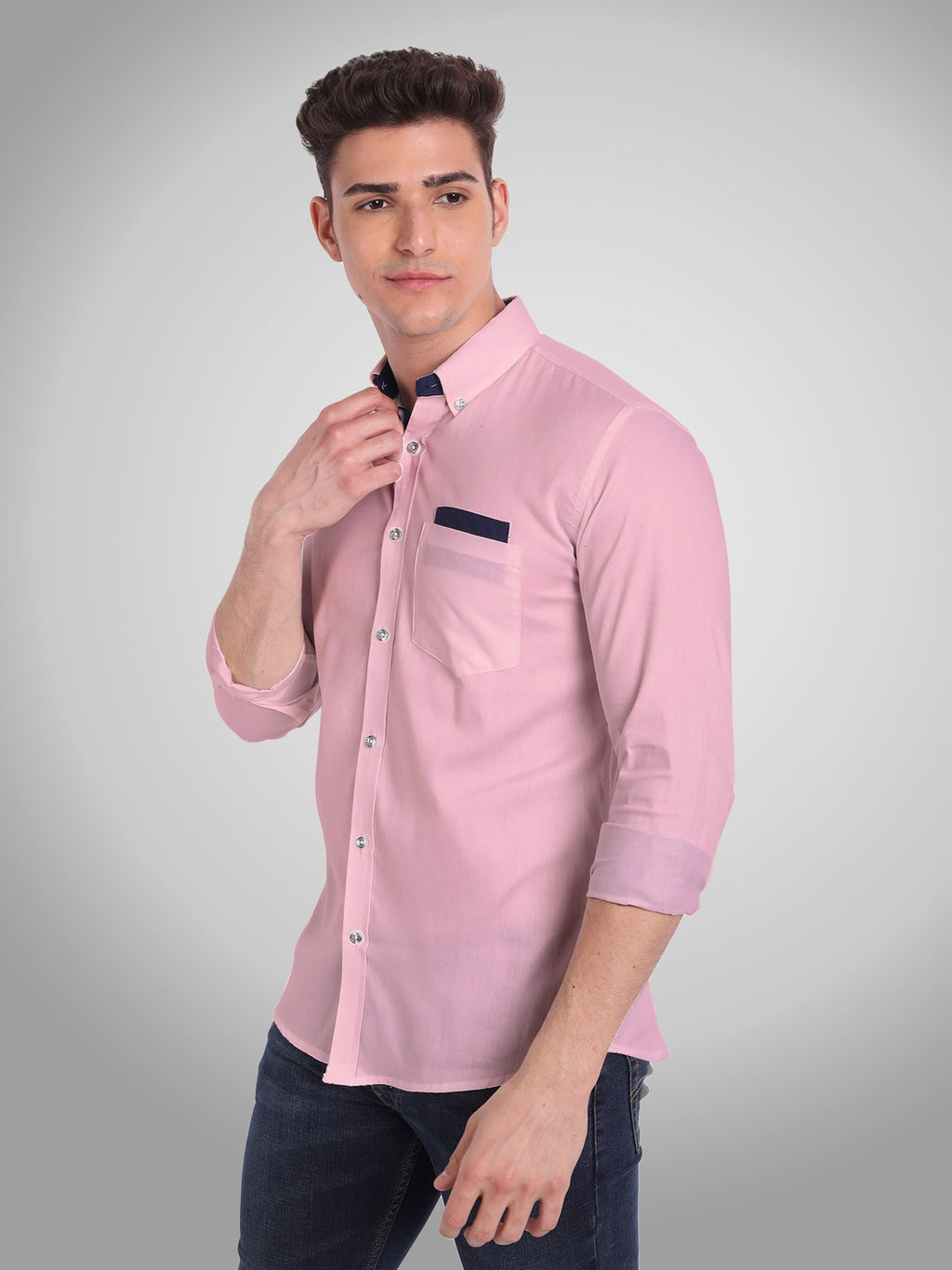 Men's Casual Full Sleeve Silver Button Shirt in White by BLUE ROBED, detail view
