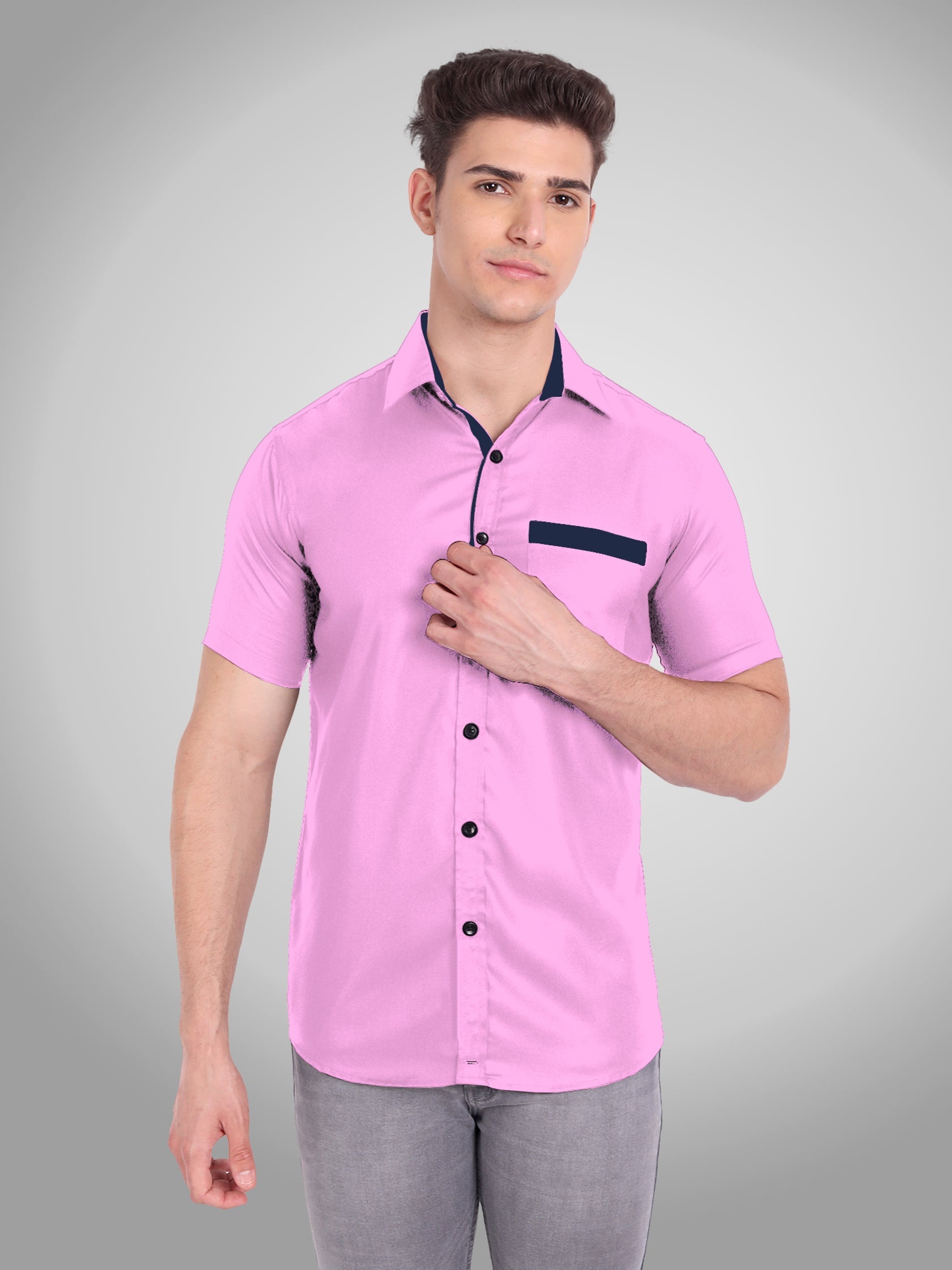 Men's Casual Half Sleeve Silver Button Shirt in Black by BLUE ROBED, fit view
