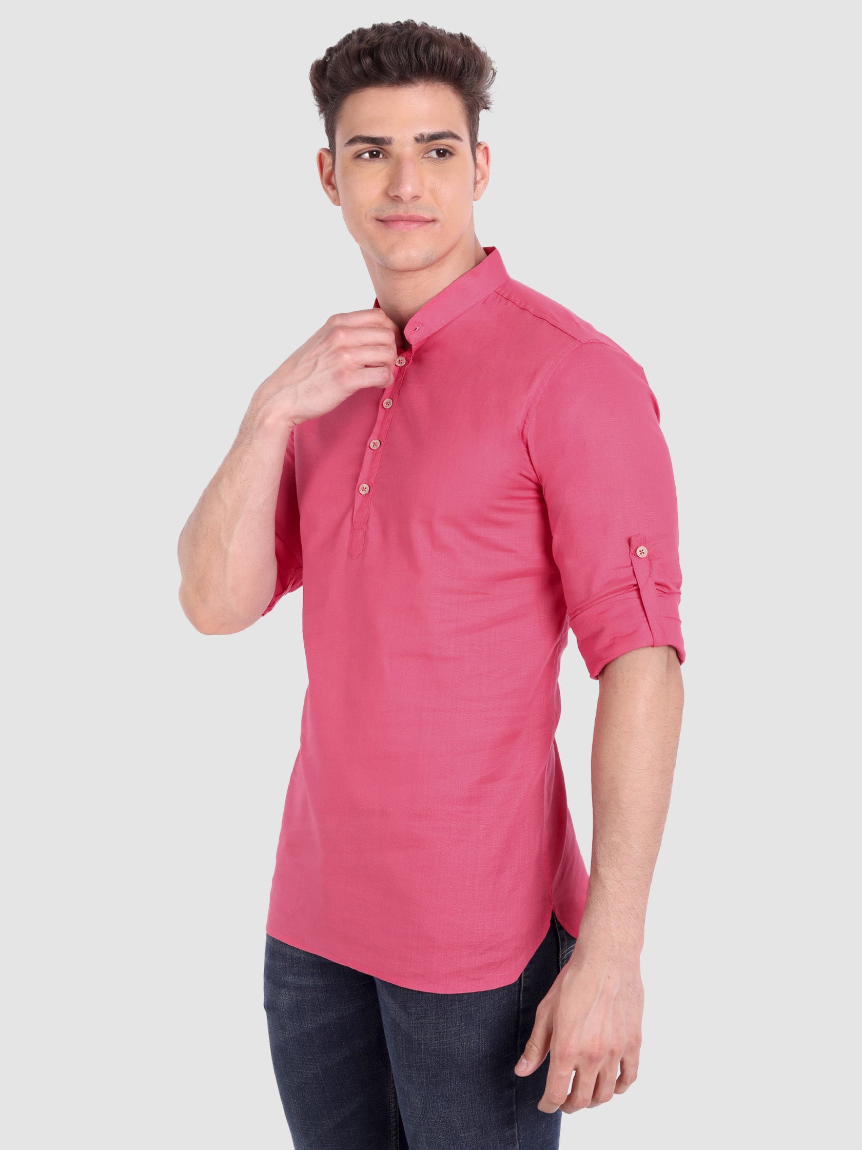 BLUE ROBED men's Casual Slim Fit Full Sleeve Cotton Kurta in Pink view 59