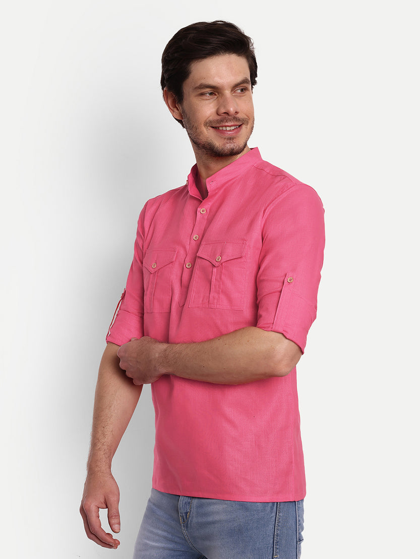 BLUE ROBED men's Casual Slim Fit Full Sleeve Double Pocket Cotton Trendy Kurta in Pink view 93