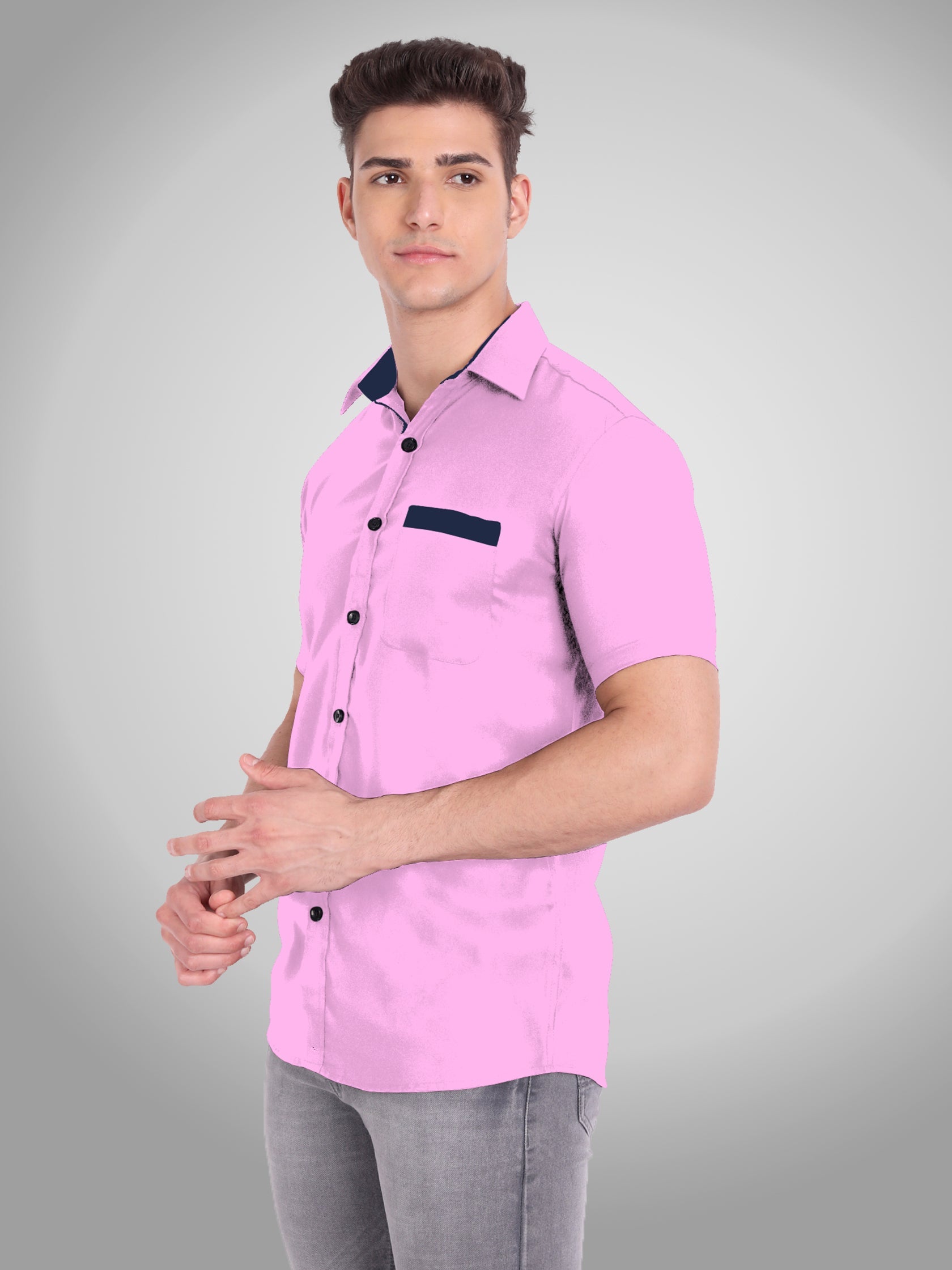 Men's Casual Half Sleeve Silver Button Shirt in Black by BLUE ROBED, fabric detail