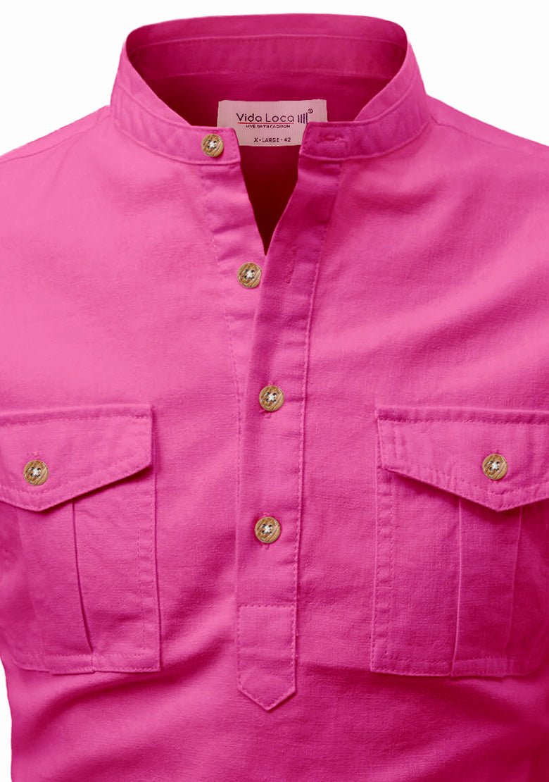 BLUE ROBED men's Casual Slim Fit Full Sleeve Double Pocket Cotton Kurta in Pink view 94