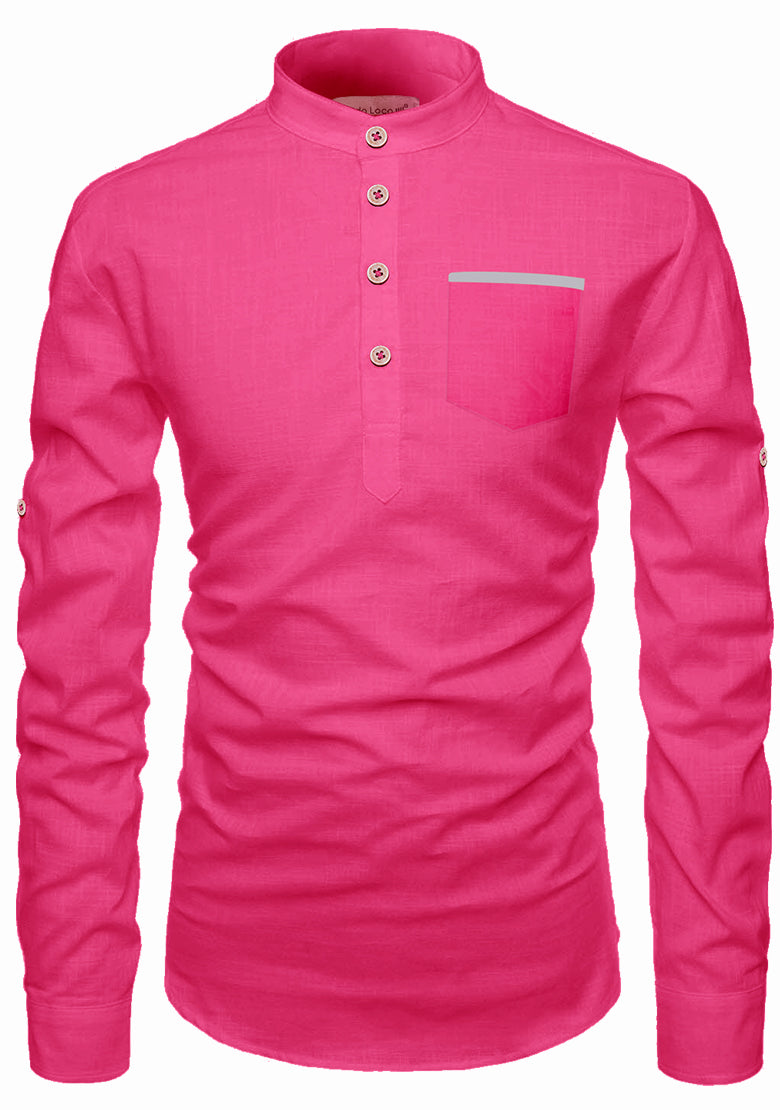 BLUE ROBED men's Casual Slim Fit Full Sleeve Pocket Contrast Kurta in Pink view 50