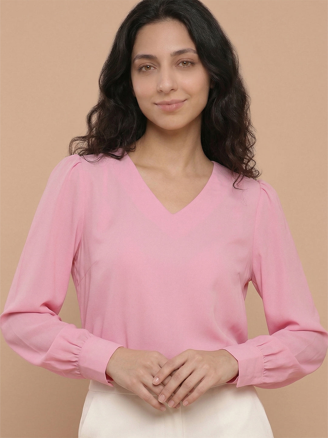 Women’s Crepe Formal Top | Elegant V-Neck Office Wear Blouse