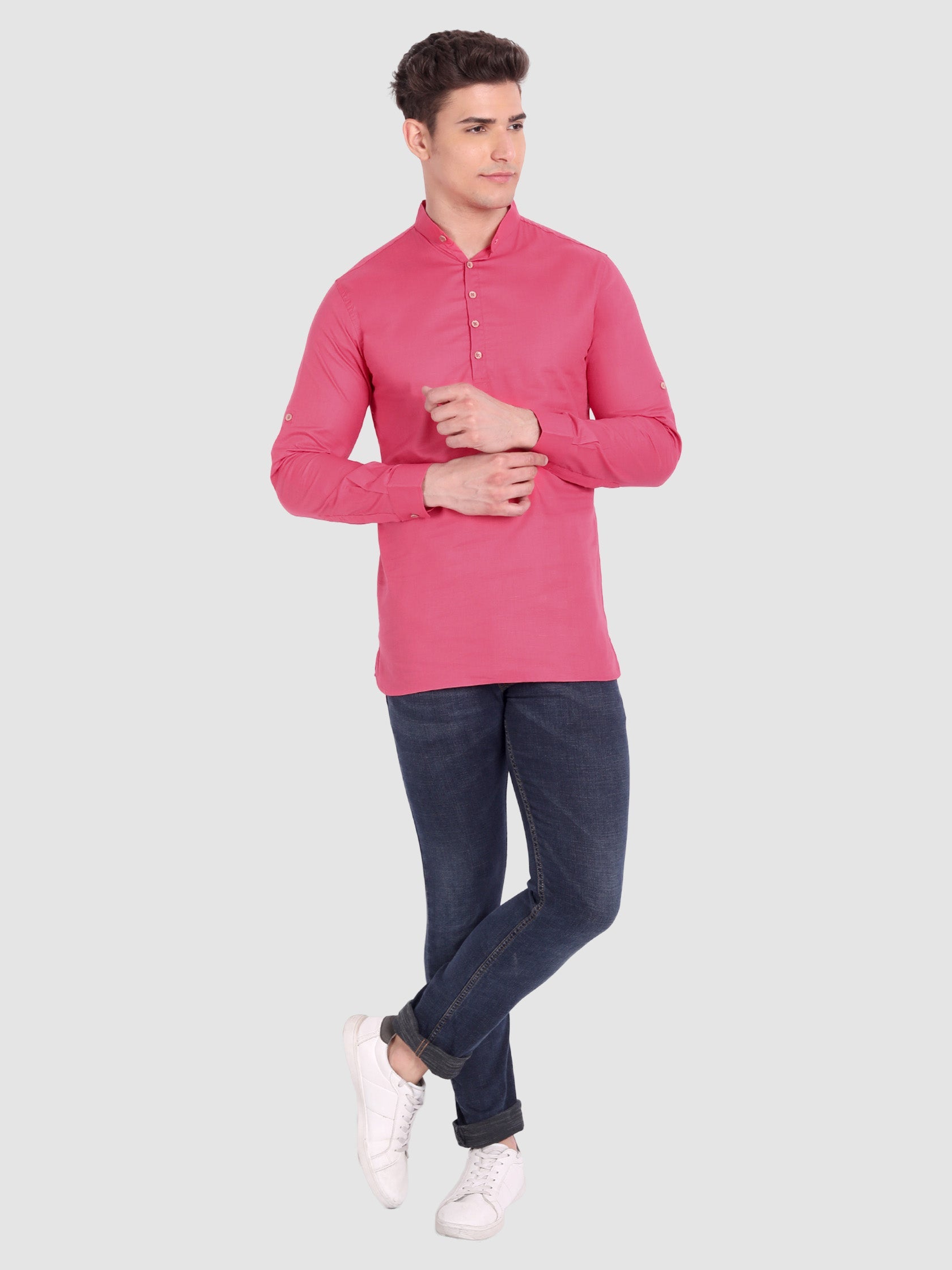 BLUE ROBED men's Casual Slim Fit Full Sleeve Cotton Kurta in Pink view 62
