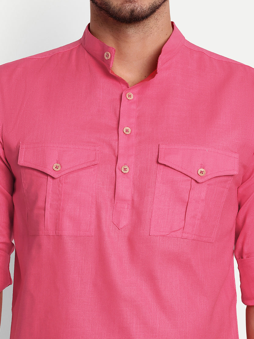 BLUE ROBED men's Casual Slim Fit Full Sleeve Double Pocket Cotton Trendy Kurta in Pink view 95