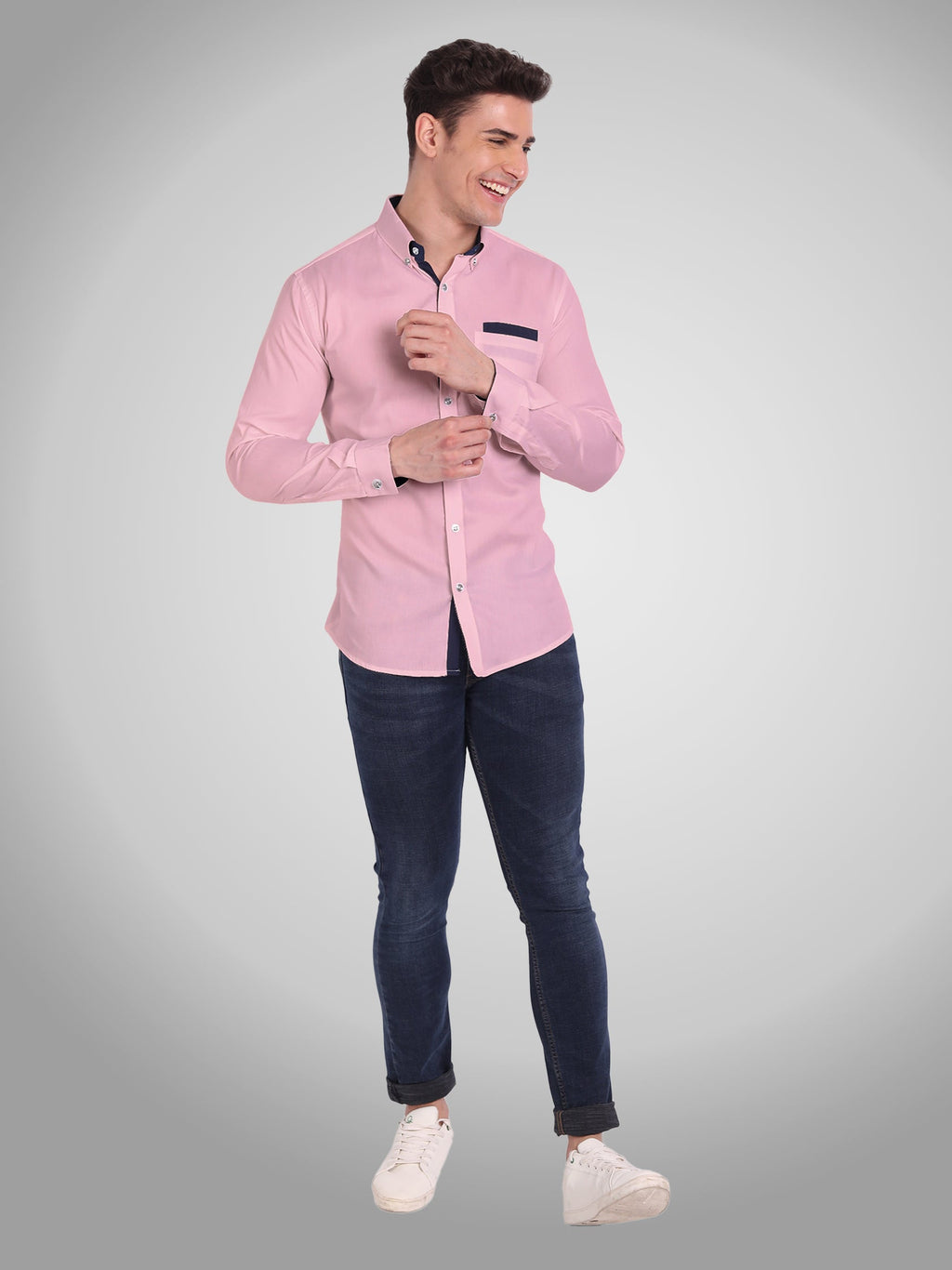 Men's Casual Full Sleeve Silver Button Shirt in White by BLUE ROBED, fabric detail