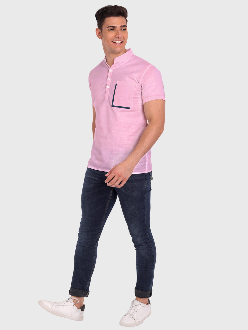 BLUE ROBED men's Casual Half Sleeve Slim Fit Kurta in Pink view 25