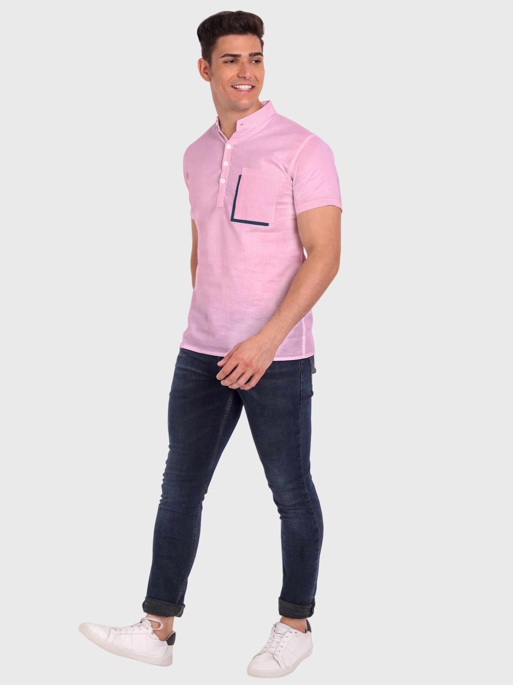 BLUE ROBED men's Casual Half Sleeve Slim Fit Kurta in Pink view 25