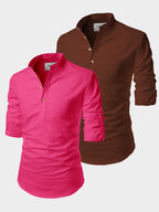 BLUE ROBED men's Casual Slim Fit Full Sleeve Cotton Kurta (Pack 2) in Pink view 3