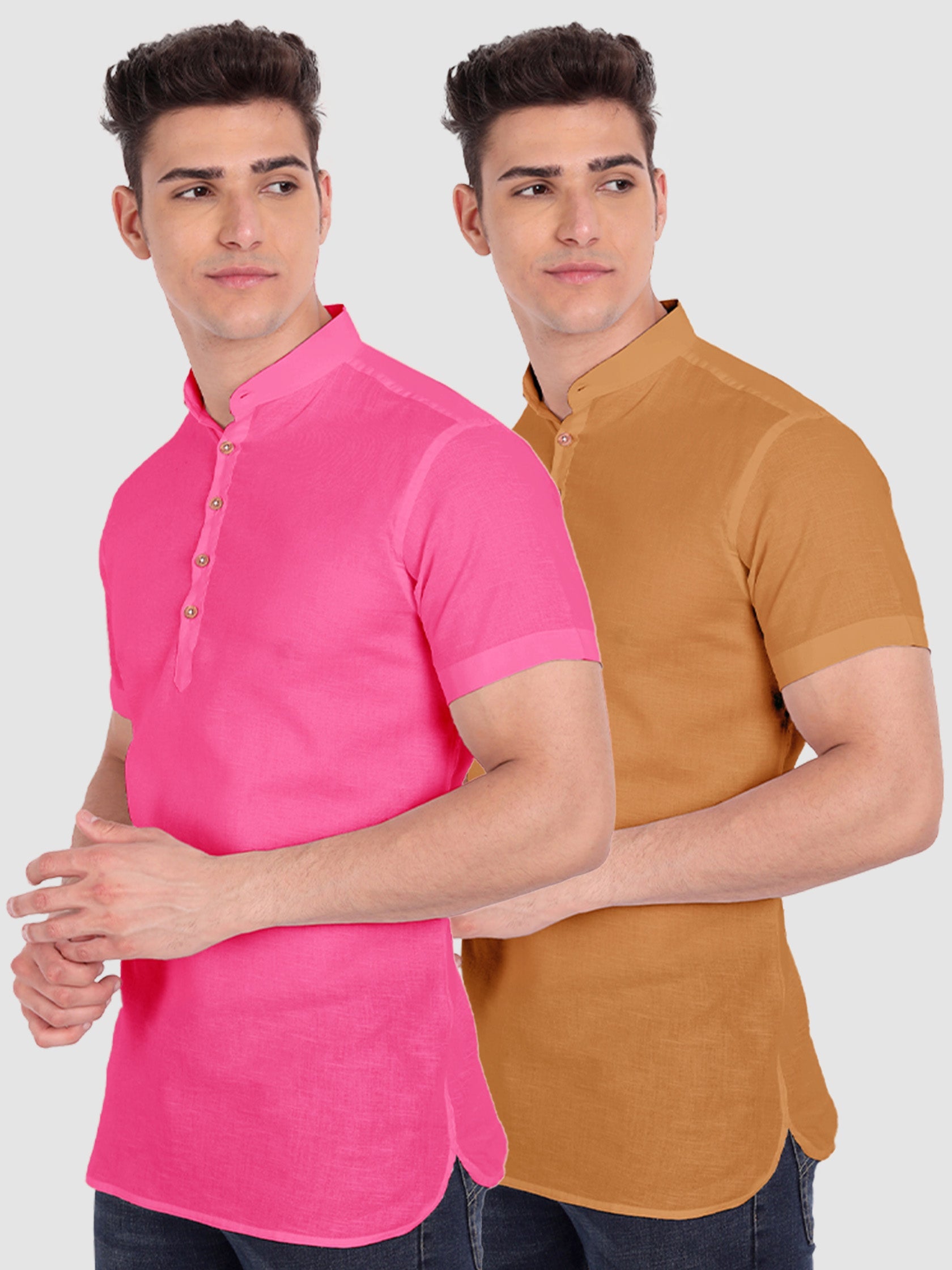 BLUE ROBED men's Casual Slim Fit Half Sleeve Cotton Kurta (Pack 2) in Pink view 4