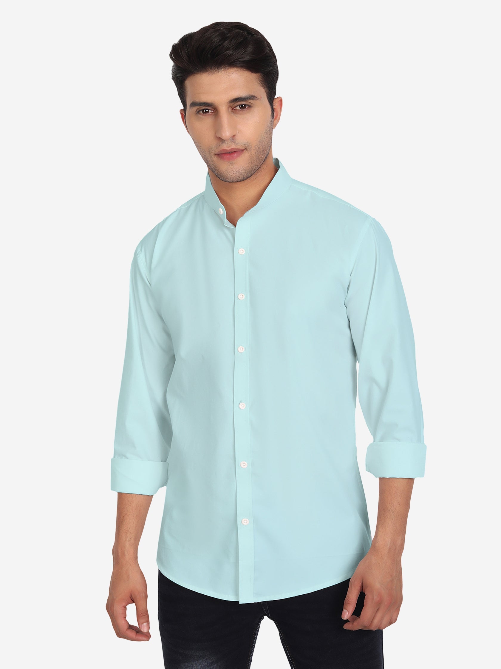 Men's Pure Cotton Mandarin Collar Casual Shirt in White by BLUE ROBED, side view
